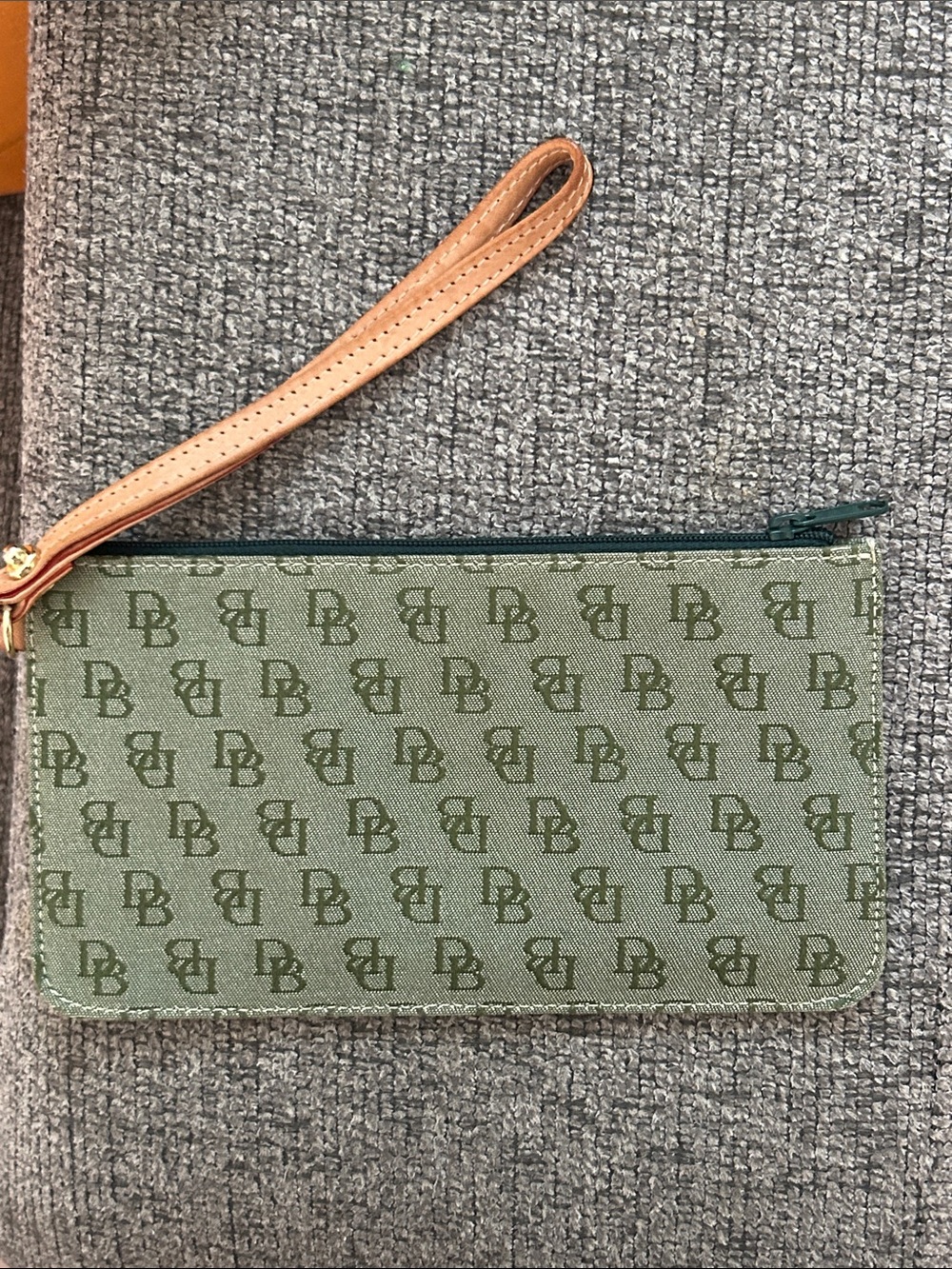 Dooney & Bourke Olive Green Monogram Wristlet with Tan Strap